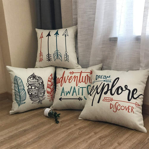 Feather Arrows Throw Pillow Case Inspirational Words Cushion Cover Home Decorative Square Pillowcases 18×18 Inch,4pack(Adventure Awaits,Dream Explore Discover, Ethnic Arrows, Feathers)