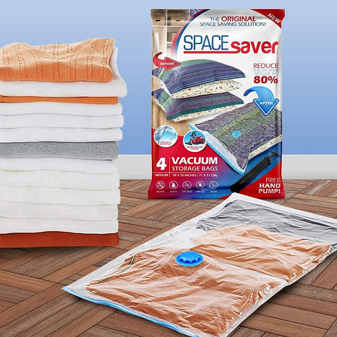Spacesaver Premium Vacuum Storage Bags. 80% More Storage! Hand-Pump for Travel! Double-Zip Seal and Triple Seal Valve! Vacuum Sealer Bags for Comforters, Blankets, Bedding, Clothing! (Medium 4-Pack)