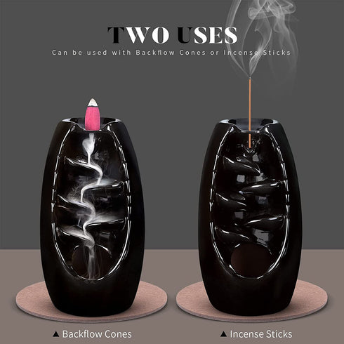 Ronlap Backflow Incense Burner, Ceramic Waterfall Smoke Incense Holder with 120 Upgraded Incense Cones+30 Incense Sticks+1 Tweezer+1 Mat, for Aromatherapy Meditation Home Decorations, Black