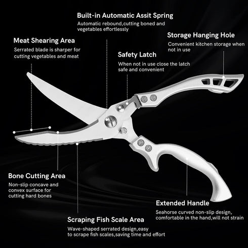 WAK Kitchen Scissors All Purpose Heavy Duty Sharp Kitchen Shears, Professional Poultry Shears, Spring Loaded Premium Metal Utility Shears, for Cutting Chicken, Bone, Fish, Meat, Chopping Vegetables