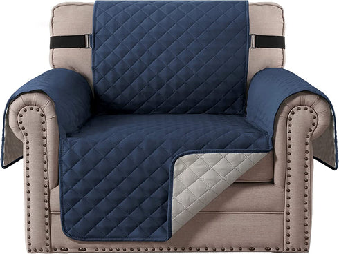 H.VERSAILTEX Reversible Chair Cover for Dogs Pet Water Repellent Sofa Cover Chair Slipcover 2" Thick Straps Slip-Resistant Chair Protector Soft Quilted Seat Width Up to 21"(75"x 65", Navy/Beige)