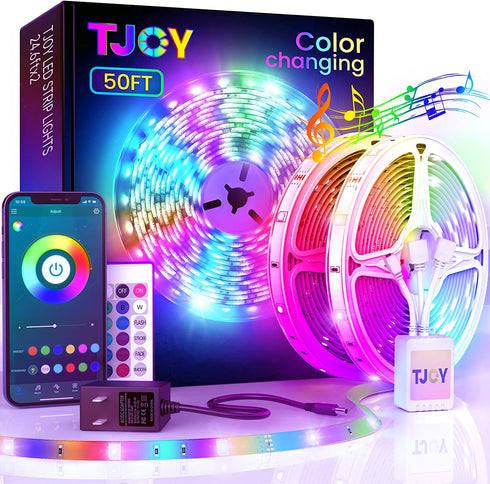 TJOY 50ft Bluetooth LED Strip Lights, Music Sync 5050 LED Light Strip RGB Color Changing LED Lights Strip with Phone Remote, LED Lights for Bedroom Kitchen TV Party TIKTOK DIY (APP+Remote +Mic)