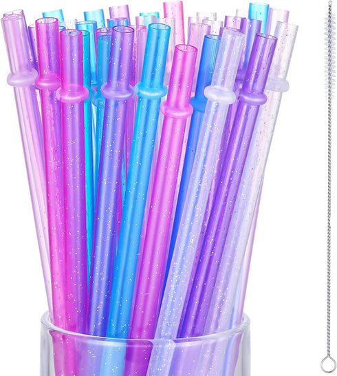 50 Pieces Reusable Drinking Straws Colorful Plastic Straws Clear Glitter Unbreakable Drinking Straws with Cleaning Brush for Home Party Supplies, 6 Colors (9 Inch)