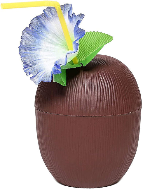 Juvale 12-Pack 16 Ounce Plastic Coconut Cups with Straws, Hawaiian Tropical Luau Party Supplies