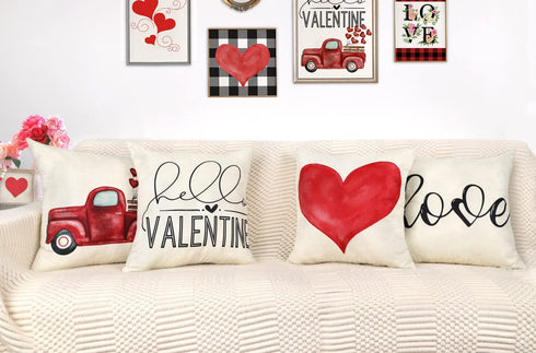 4TH Emotion Valentines Day Pillow Covers 18x18 Set of 4 Hello Valentine Spring Farmhouse Decor Red Love Truck Holiday Decorations Throw Cushion Case for Home Decorations TH076