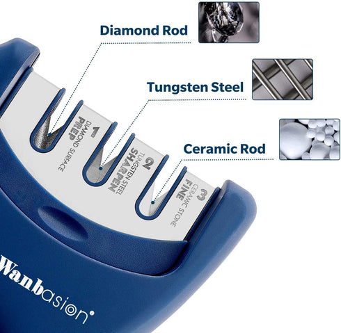 Wanbasion Blue Kitchen Knife Sharpener Professional 3 Stages, Kitchen Knife Sharpener Manual Sharpening, Knife Sharpener for Kitchen Knives with Stainless Steel Ceramic Diamond Blade