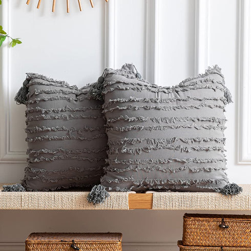 DEZENE Boho Throw Pillow Covers: Set of 2 18x18 Inch Square Light Grey Striped Jacquard Cotton Linen Decorative Pillow Cases for Home Decor Sofa Couch Farmhouse Living Room Bedroom