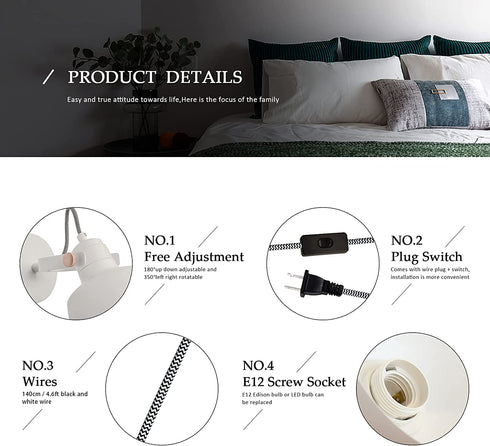 Modern Mini White Plug in Cord Reading Wall Lamp with Switch - Rotating Adjustable Spotlight Wall Sconces Fixture - Indoor Night Light for Bedroom Child Headboard Living Room Decoration(7W 3000K)