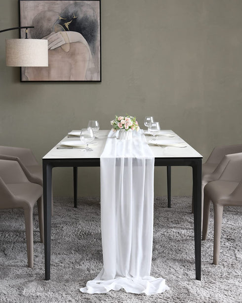 ICOSHOW 2 Pieces 10ft White Chiffon Table Runners 29 x 120 Inches Sheer Romantic Wedding Party Runner for Bridal Shower Baby Shower, Birthday Party