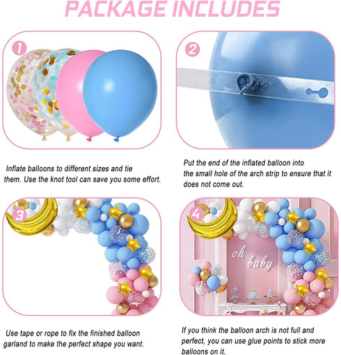 126Pcs Gender Reveal Party Supplies Pink and Blue Balloon Garland Arch Kit, Gold Foil Moon&Stars Confetti Pastel White Latex Balloons for Birthday Baby Shower Decorations Wedding Party Supplies
