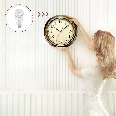 Plumeet Small Retro Wall Clock - 10'' Non Ticking Classic Silent Metal Clocks Decorative Kitchen Living Room Bedroom - Battery Operated (Brown)