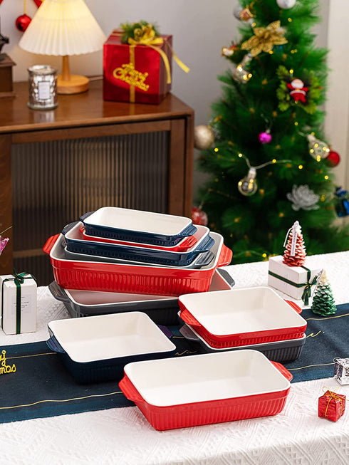 Kanwone Porcelain Bakeware, Square Baking Dishes, Casserole Dish with Double Handle, Lasagna Pan for Cooking, Kitchen, Cake Dinner, 8 x 8 Inches, Stripe Series - Red