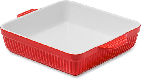 Kanwone Porcelain Bakeware, Square Baking Dishes, Casserole Dish with Double Handle, Lasagna Pan for Cooking, Kitchen, Cake Dinner, 8 x 8 Inches, Stripe Series - Red