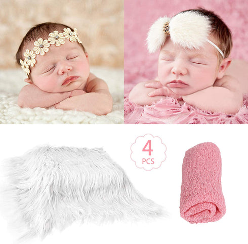 4 Pcs Newborn Photography Props Outfits- Baby Long Ripple Wrap and Toddler Swaddle Blankets Photography Mat with Cute Headbands for Infant Boys Girls(0-12 Months) (White)
