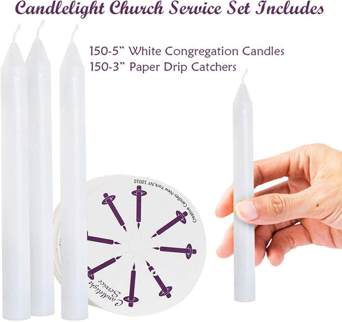 Howemon 150 Church Candles with Drip Protectors for Devotional Candlelight Vigil Service, Box of 150 Candles, Unscented White 5" H X 1/2" D, No Smoke