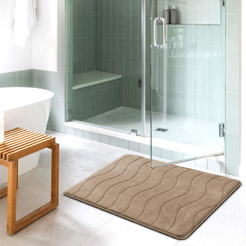 Memory Foam Bath Mat for Bathroom Non Slip Bath Rug Velvet Thick Soft and Comfortable Water Absorbent Machine Washable Easier to Dry Floor Rug Mats Waved Pattern, 24x36 Inches, Taupe