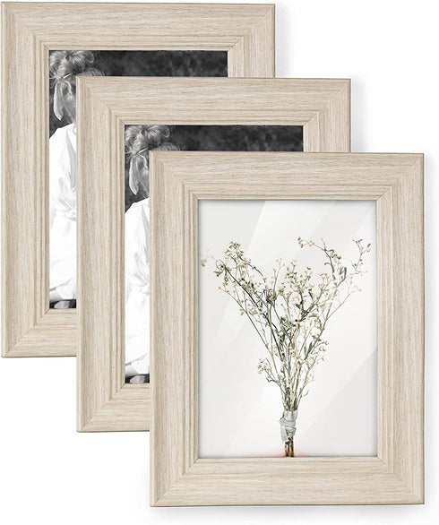 Shampsen 5x7 Picture Frames 3 Pack Beige Wood Grain Rustic Scandi Picture Frames Collage Wall Decor Gift for Birthday, Anniversary, Mother's Day