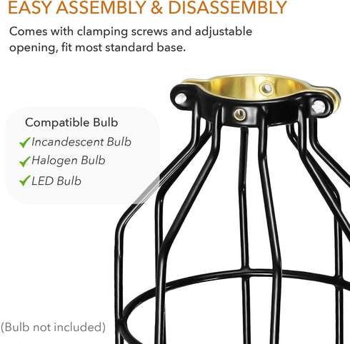 Simple Deluxe 4-Pack Adjustable Industrial Clamp on Metal Bulb Guard Cage for Pendant, Farmhouse Light Fixture, Vintage Lamp Shades and Hanging Lamp, Black