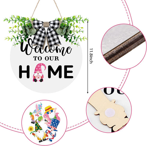 Gnome Wooden Seasonal Welcome Door Sign Interchangeable Welcome to Our Home Round Wood Hanging Front Door Sign with Burlap Bow with 12 Seasonal Ornament for Independence Day Holiday Porch (White)