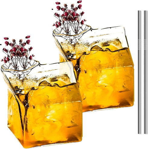 Milk Carton Glass Container 12 Ounce Set of 2 Cocktail Glasses Clear Milk Carton Cups Mini Creamer Pitcher Hand-Blown Box for Cocktail Milk Juice Coffee Hot Water Glassware Gift