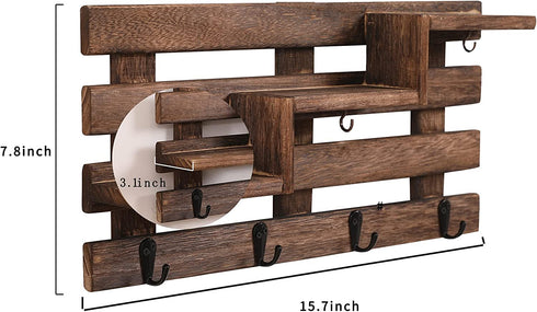 Efonow Wood Wall-Mounted 3-Tiered Stair Shelf with 6 Key Hooks and A Floating Shelf Rustic Home Decor for Entryway Carbonized Black
