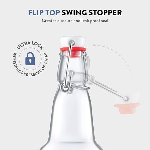 Glass Swing Top Beer Bottles - 16 Ounce (6 Pack) Grolsch Bottles, with Flip-top Airtight Lid, for Carbonated Drinks, Kombucha, 2nd Fermentation, Water Kefir, Clear Brewing Bottle.
