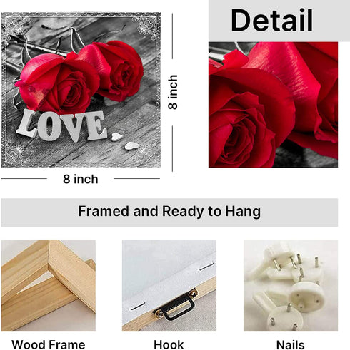 Red Rose Bathroom Wall Art Black and White Flower Canvas Prints Picture Bedroom Wall Decor Aesthetic Floral Painting Modern Romantic Kitchen Artwork Poster Decorations Wooden Framed 8x8 Set of 4