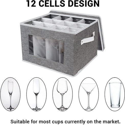 Stemware Storage Box with dividers, China Storage Containers Wine Glass Storage Containers with Lids and handles, Holds 12 Wine Glasses or Crystal Glassware (Grey)