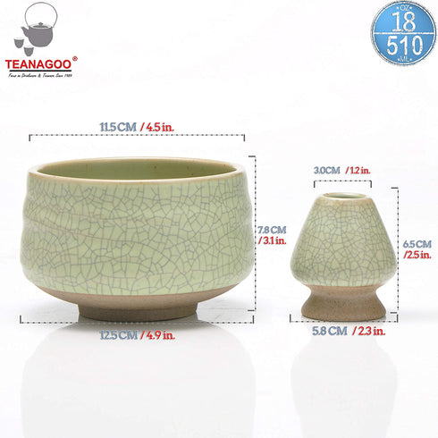 TEANAGOO Chawan Matcha Tea Bowl and Matcha Whisk Rest, Chasen Holder MB-6, 18OZ / 510 ML, Matte Light Green with Black Seam, 2 pcs/Boxes.Handle Mixing Wisk Stand, Match Sifter Whisker Handmade Brush