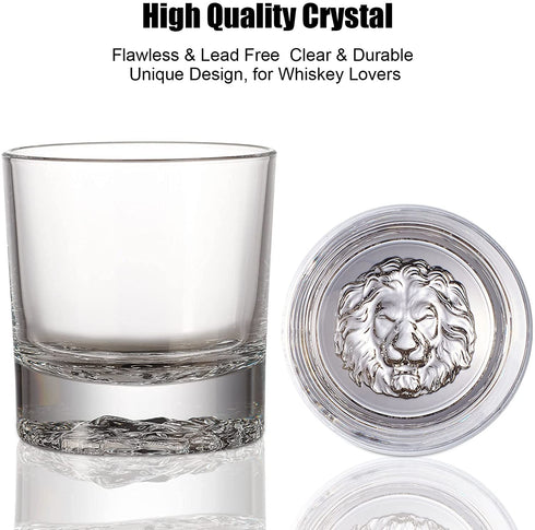 Whiskey Glasses Set of 4, Haunio 10 Oz Old Fashioned Crystal Whiskey Glasses with Lion Pattern, Thick Bottom and Luxury Box for Scotch, Bourbon, Liquor, Cognac and Cocktails, Gifts for Men Women