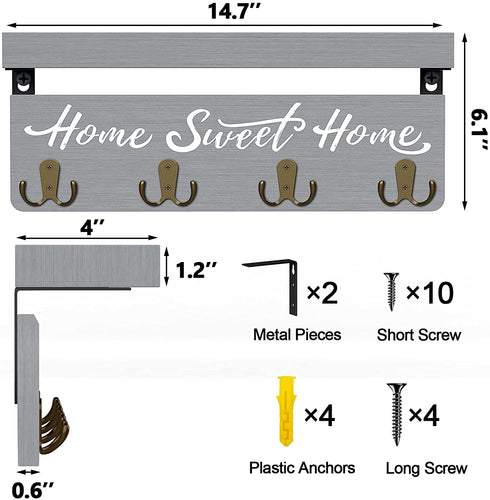 buways Wall-Mounted Key and Mail Holder, Wooden Key Rack with 4 Double Key Hooks, Rustic Home Decor for Entryway(Gray)