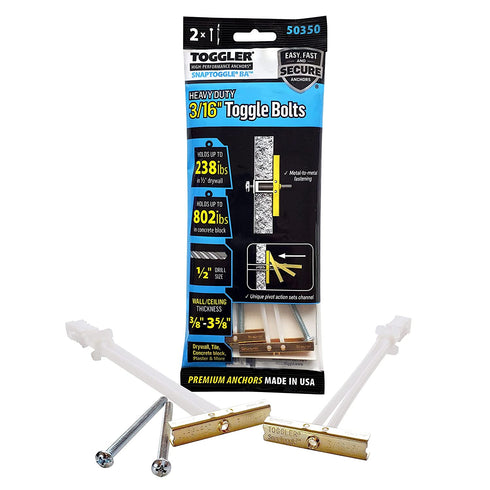 TOGGLER SNAPTOGGLE BA Toggle Anchor with Bolts, Zinc-Plated Steel Channel, Made in US, 3/8" to 3-5/8" Grip Range, For 3/16"-24 UNC Fastener Size (Pack of 2)