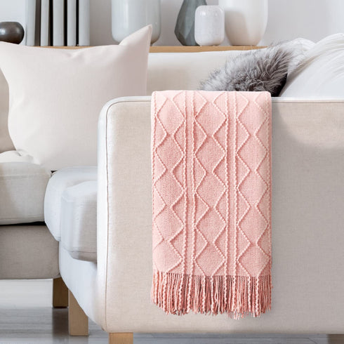 LUCIAN Knitted Throw Blankets Pink, Decorative Textured Cozy Throw, Lightweight Woven Blanket with Tassels for Couch, Bed, Sofa,Travel 50"*60",Suitable for Women Men and Kids