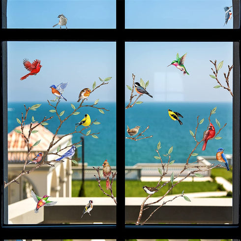 Yovkky Spring Summer Tree Branches Red Bird Window Cling 9 Sheet, Cardinal Wall Glass Sticker Robin Bluebird Decal Hummingbird Decor, Fall Autumn Home Kitchen Office Fridge Decorations Kids DIY Supply