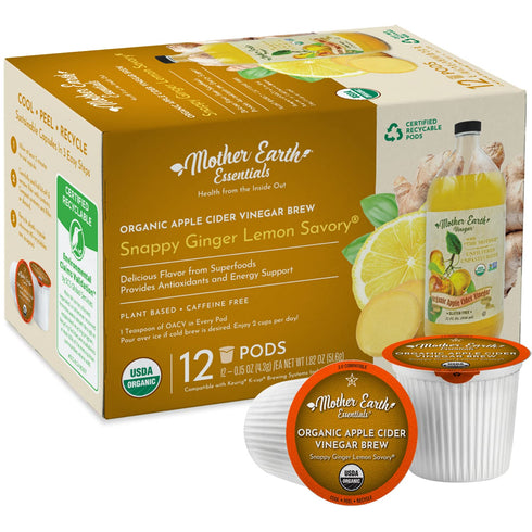 Superfood K-Cup Tea Pods – Organic Apple Cider Vinegar Fruit and Herb with The Mother for Daily Wellness. Mother Earth Essentials presents Snappy Ginger Lemon Savory in 12 Single Serving Pods. Keurig compatible.