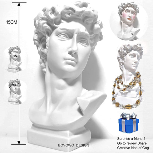 BOYOWO David Statue Greek Bust Face Vase Head Planter Roman Cute Room Decor Aesthetic Dark Academia Room Decor Bookshelf Sculpture Coquette Room Decor 6'' White Resin no Flower