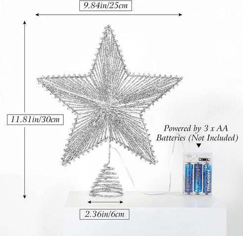 Roylvan Star Tree Topper, Glitter Christmas Star Tree Top Light, Battery Powered Decorative Treetop Light Xmas Tradition Tree Ornament for Home Decor, 9.8 x 11.8 inch, Silver