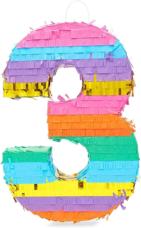Small Rainbow Pinata Number 3 for Kids 3rd Birthday Party (11.4 x 16.5 x 3 In)