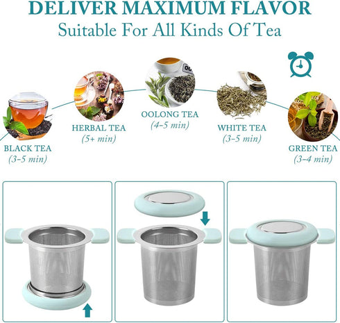 LaLa Dloce Tea Infuser Set of 2, Stainless Steel Tea Strainer Filter with Silicone Handle for Reusable Loose Leaf Grain Teapots, Mugs and Cups to Steep Tea with Lid
