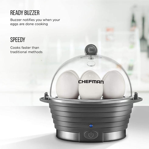 Chefman Electric Egg Cooker Boiler, Rapid Egg-Maker & Poacher, Food & Vegetable Steamer, Quickly Makes 6 Eggs, Hard, Medium or Soft Boiled, Poaching/Omelet Tray Included, Ready Signal, BPA-Free, Grey