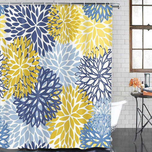 TOMPOP Shower Curtain Green Spring Flower Blue Yellow and Navy Chrysanthemum Brown Waterproof Polyester Fabric Bathroom 72 x 78 Inches Set with Hooks