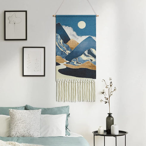 Alynsehom Woven Wall Hanging Macrame Moon Tapestry Blue Boho Wall Art Decor Chic Home Bohemian Tapestries Sun Mountain Cloud Aztec Apartment Dorm Room Backdrop Decoration