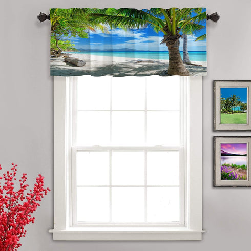 Shrahala Tropical Beach Palm Tree Kitchen Valances Half Window Curtain, Summer Holiday Beach Palm Trees Blue Kitchen Valance for Window Ink Printing Kitchen Valances for Kitchen Decor 52x18 inch