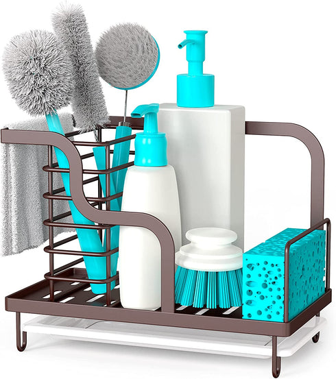 FavoThings Kitchen Sink Caddy Organizer Farmhouse Sponge Holder with Drain Pan, Premium 304 Stainless Steel, for Sponges, Scrubbers, Soap, Kitchen, Bathroom, Bronze