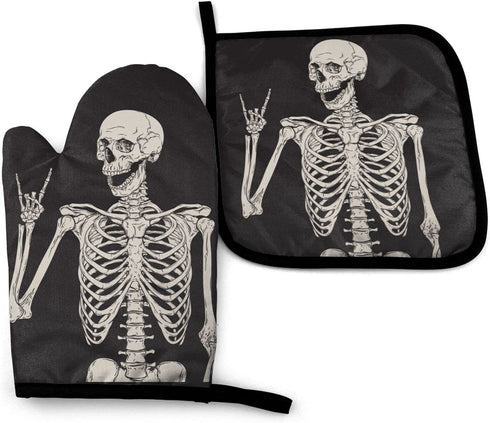 Halloween 3D Skeleton Kitchen Oven Mitts and Pot Holders Sets of 2,Resistant Hot Pads ,Flexible Cooking Oven Gloves for Microwave BBQ Cooking Baking Grilling