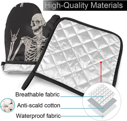 Halloween 3D Skeleton Kitchen Oven Mitts and Pot Holders Sets of 2,Resistant Hot Pads ,Flexible Cooking Oven Gloves for Microwave BBQ Cooking Baking Grilling