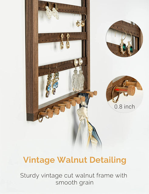 Mymazn Easy Assemble Solid Walnut Wood Earring Wall Holder Hanging Jewelry Organizer Necklace Holder Earring Hanger Wall Mount Jewelry Organizer for Necklaces Rings Scruncies Organization