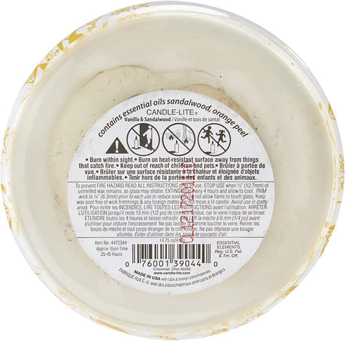 Essential Elements by Candle-lite Scented Candles, Vanilla & Sandalwood Fragrance, One 14.75 oz. Three-Wick Aromatherapy Candle with 45 Hours of Burn Time, Off-White Color
