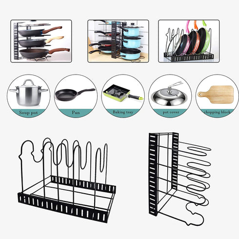 MDHAND Pan Organizer Rack for Cabinet, Pan Pot Lid Organizer Rack with 5 Adjustable Dividers, Kitchen Cookware Storage Rack