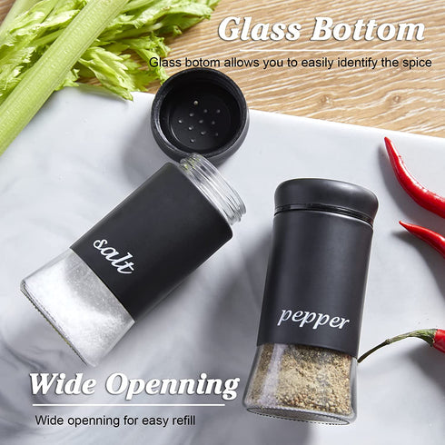 Salt and Pepper Shakers Set, Stainless Steel Black Salt and Pepper Shakers with Clear Glass Bottom, 5 oz Farmhouse Salt and Pepper Set for Cooking Table, RV, BBQ, Easy to Clean & Refill